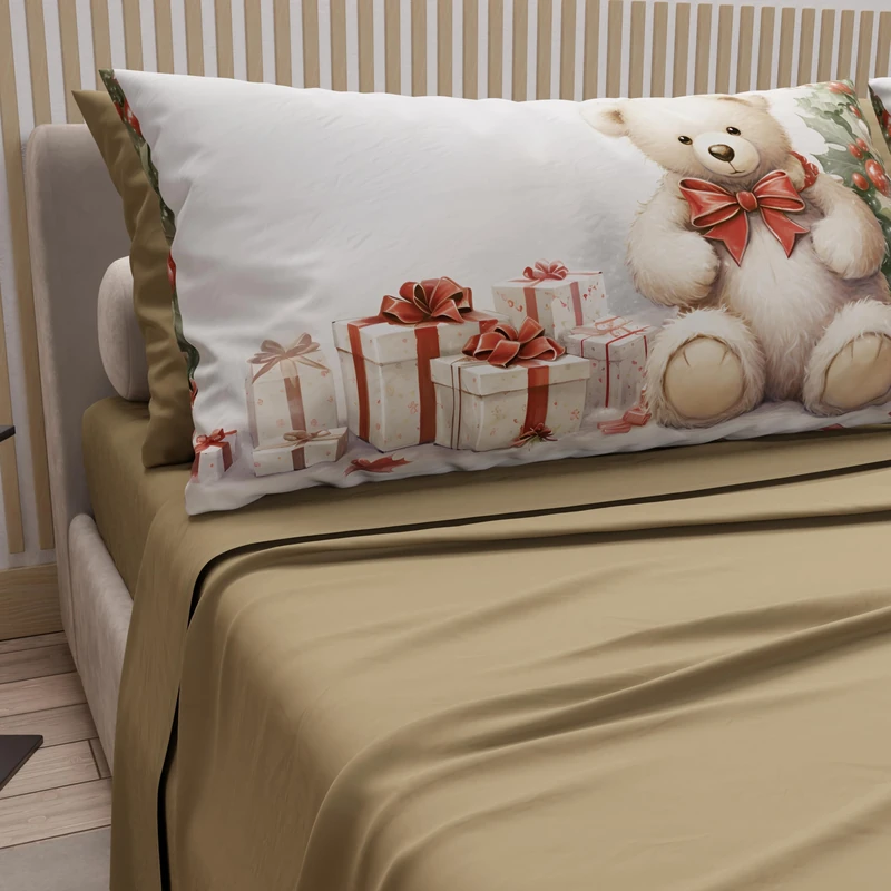 PETTI Italian Artisans - Cotton Sheets with Christmas Digital Print Pillowcases, Christmas Queen Size Sheets, Christmas Bed Set, Teddy Bear 01 Dove Grey, 100% Made in Italy