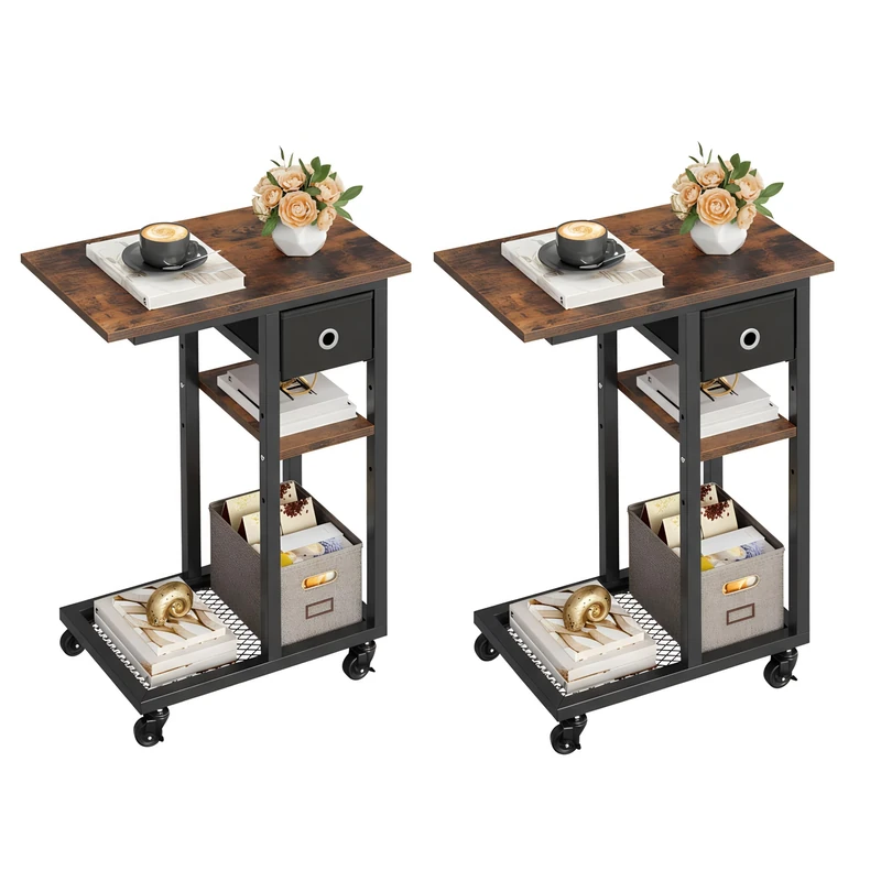 YITAHOME 2PCS C-Shaped End Table, Slim Sofa End Table with Fabric Drawer, Open Compartments and Lockable Wheels, Movable Side Table Workstation for Small Spaces, Living Room, Bedroom, Rustic Brown