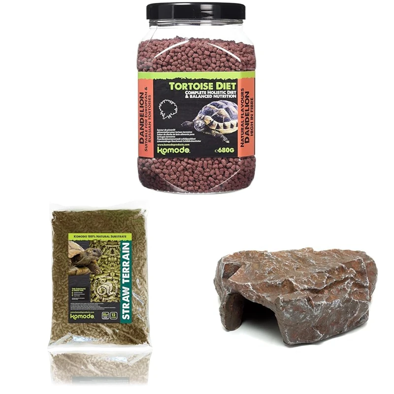Komodo Complete Holistic Tortoise Diet Dandelion 680 g, Straw Terrain 12 L & Brown Rock Den Large – Tortoise Food, Substrate & Hideout Kit