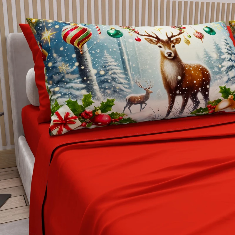 PETTI Italian Artisans - Cotton Sheets with Christmas Digital Print Pillowcases, Christmas Double Sheets, Maxi Double Bed Set, Xmas 4 Red, 100% Made in Italy