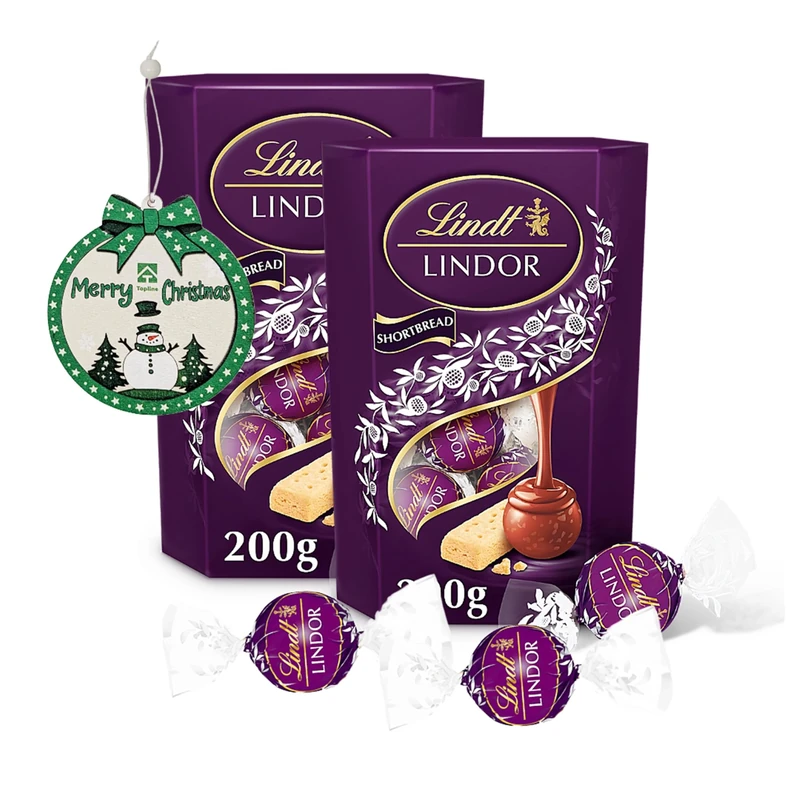 Shortbread Biscuits Lindt Chocolates Truffles - Pack of 2 x 200g Milk Chocolate Truffles with Shortbread Pieces & Christmas Tree Decoration. Great for Chocolate Gifts or Christmas Stocking Fillers