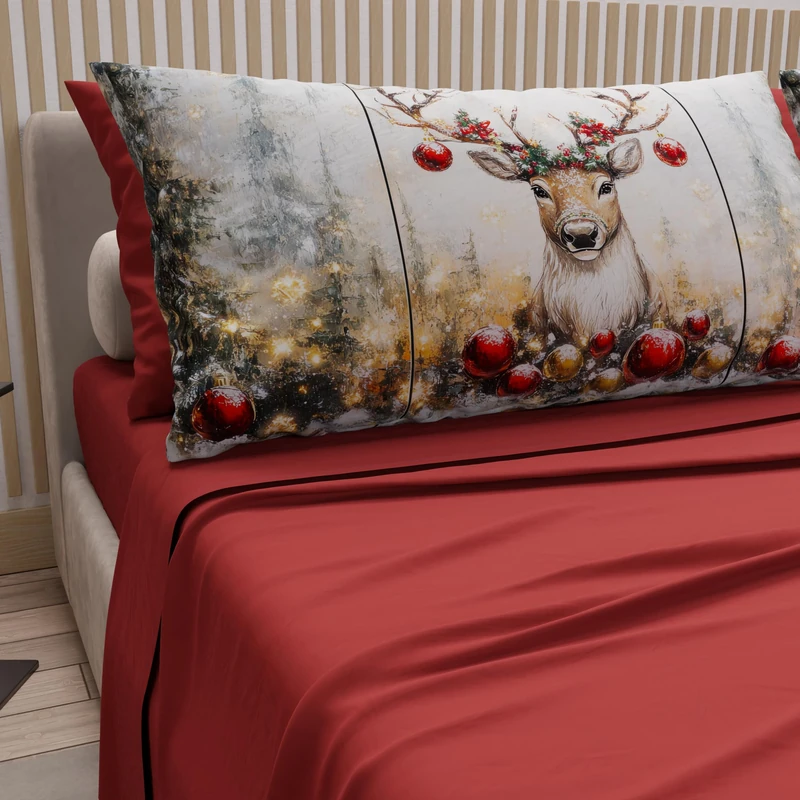 PETTI Italian Artisans - Cotton Sheets with Christmas Digital Print Pillowcases, Christmas Single Sheets, Christmas Single Bed Set, Bordeaux Reindeer, 100% Made in Italy