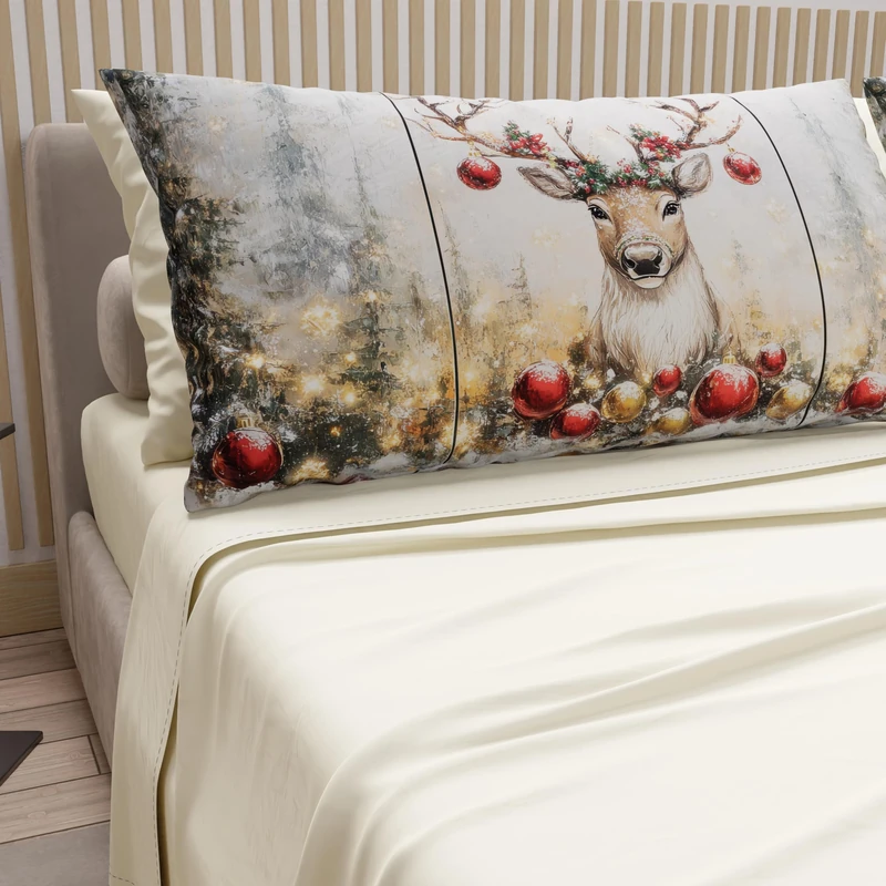 PETTI Italian Artisans - Cotton Sheets with Christmas Digital Print Pillowcases, Christmas Single Sheets, Christmas Single Bed Set, Cream Reindeer, 100% Made in Italy