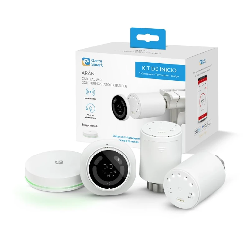 Garza - Kit 2 WiFi Radiator Heads + Portable Sensor + Zigbee Bridge, Thermostatic Valve, App and Voice Control, Manual/Automatic Modes, Window Detection, Anti-ice and Autonomy 2 Years