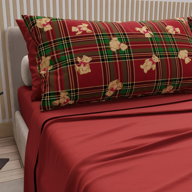 PETTI Italian Artisans - Cotton Sheets with Christmas Digital Print Pillowcases, Christmas Single Sheets, Christmas Single Bed Set, Tartan Teddy Bear, 100% Made in Italy