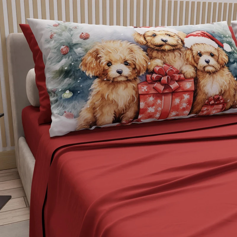 PETTI Italian Artisans - Cotton Sheets with Christmas Digital Print Pillowcases, Christmas Double Sheets, Maxi Double Bed Set, Bordeaux Dog, 100% Made in Italy