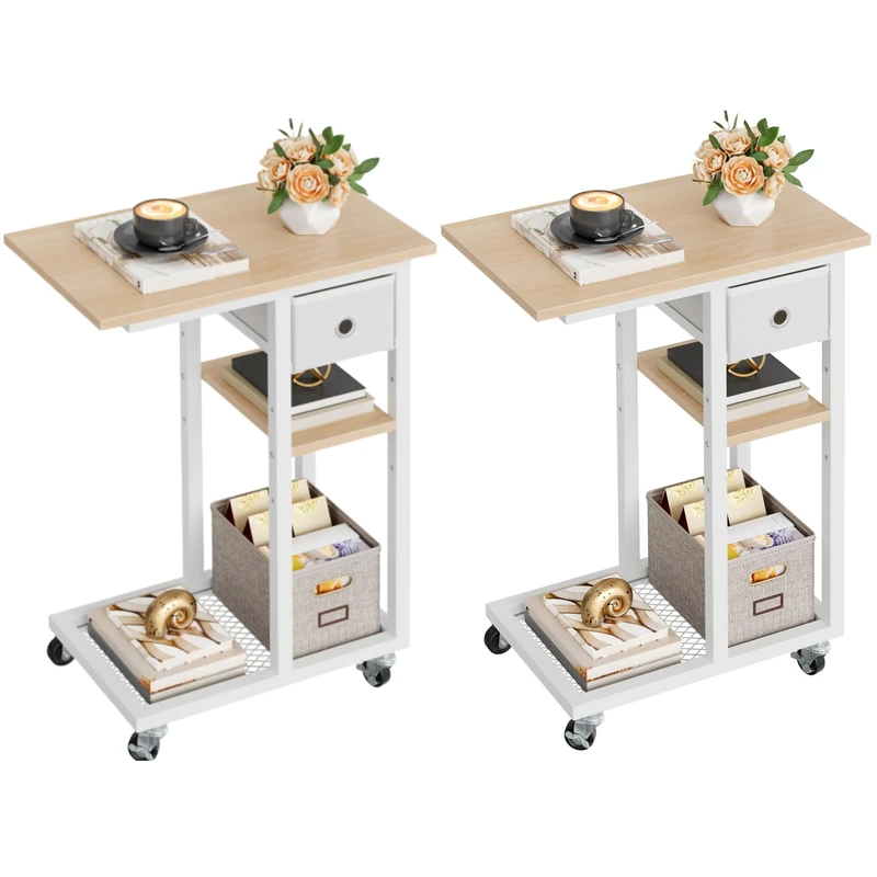 YITAHOME 2PCS C-Shaped End Table, Slim Sofa End Table with Fabric Drawer, Open Compartments and Lockable Wheels, Movable Side Table Workstation for Small Spaces, Living Room, Bedroom, Oak