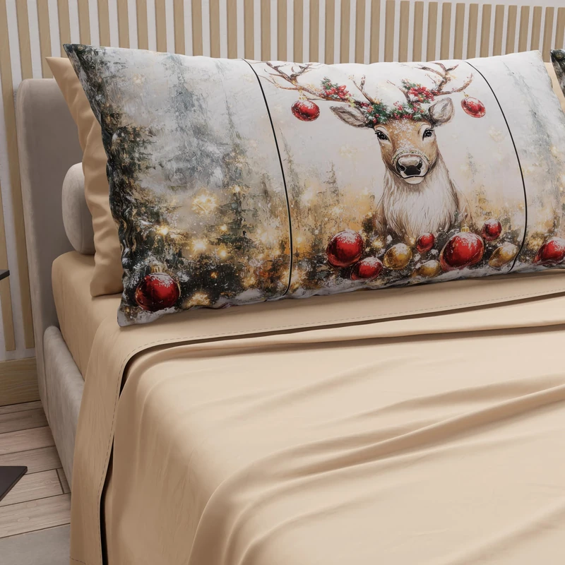PETTI Italian Artisans - Cotton Sheets with Christmas Digital Print Pillowcases, Christmas Queen Size Sheets, Christmas Bed Set, Dove Gray Reindeer, 100% Made in Italy