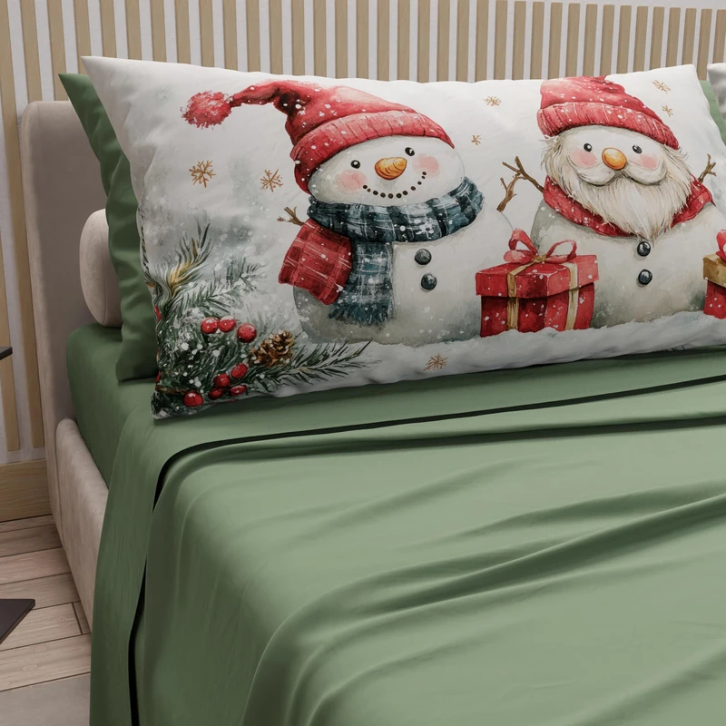 PETTI Italian Artisans - Cotton Sheets with Christmas Digital Print Pillowcases, Christmas Queen Size Sheets, Christmas Bed Set, Green Snowman 02, 100% Made in Italy