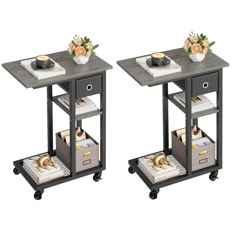 YITAHOME 2PCS C-Shaped End Table, Slim Sofa End Table with Fabric Drawer, Open Compartments and Lockable Wheels, Movable Side Table Workstation for Small Spaces, Living Room, Bedroom, Grey