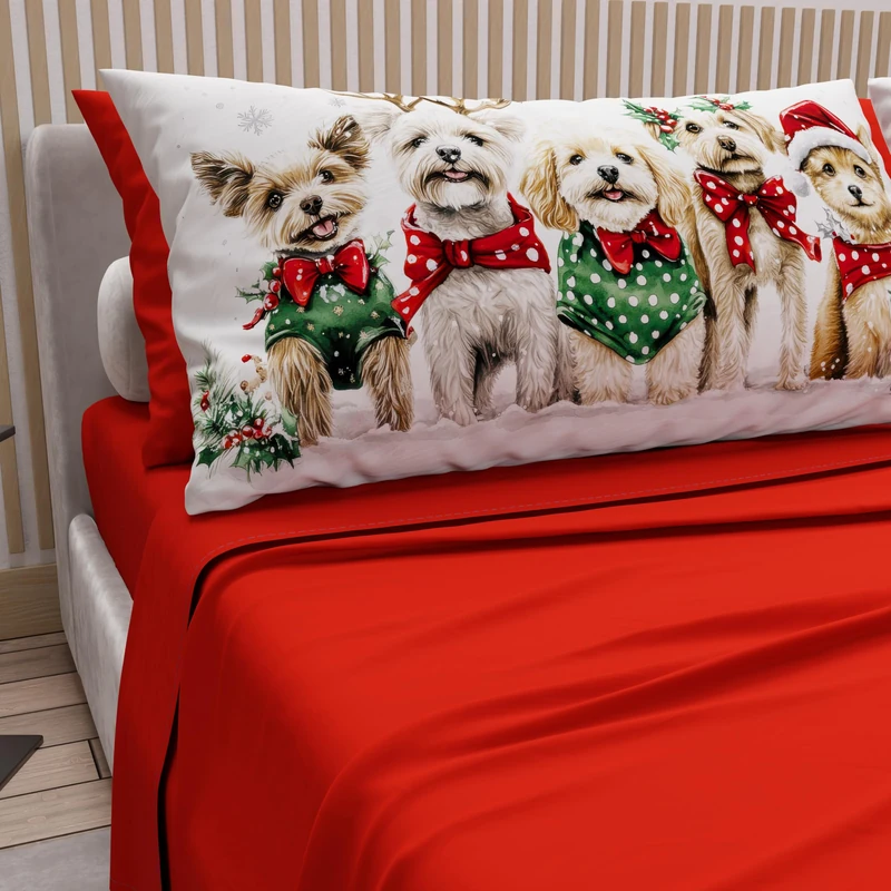 PETTI Italian Artisans - Cotton Sheets with Christmas Digital Print Pillowcases, Christmas Queen Size Sheets, Christmas Bed Set, Xmas 9 Red, 100% Made in Italy