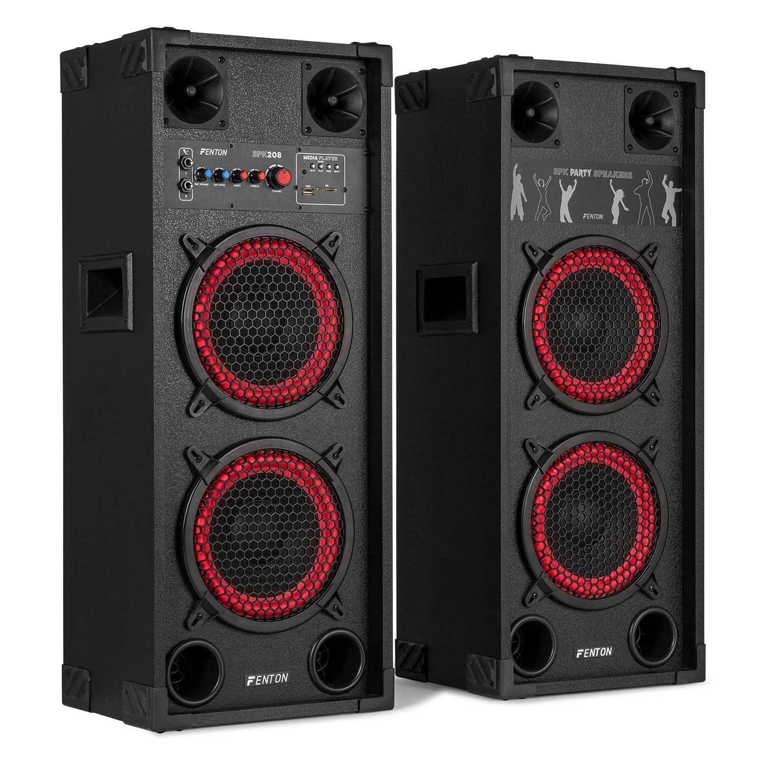 Fenton SPK-208 Bluetooth Active Party Speaker Set, Pair of 2x8 800W Home Audio Speakers with Built-In Amplifier, Ideal for Home Parties, DJ Practice and Events, LED Lights & Microphone Included