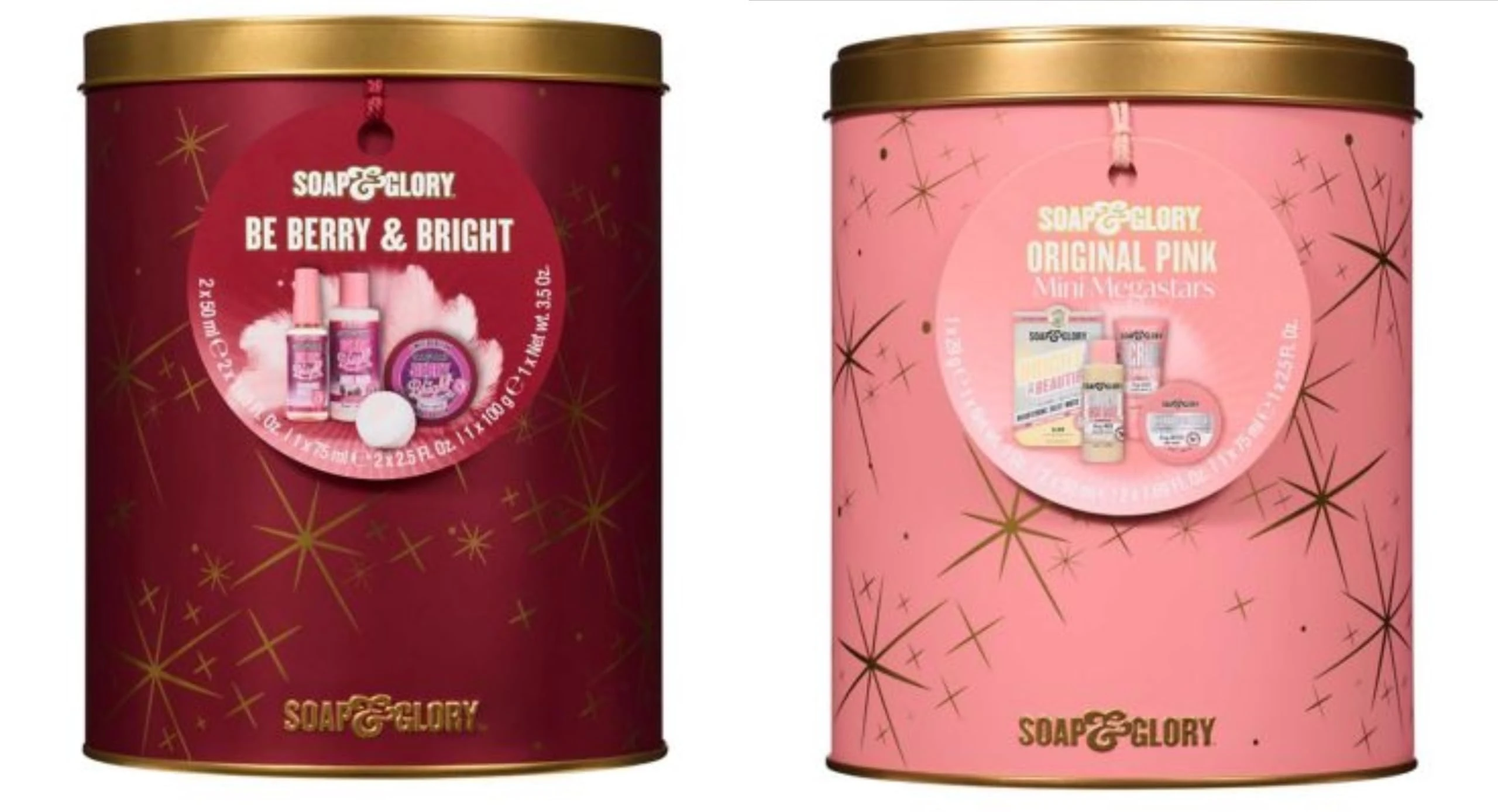 Soap and Glory Skincare Gift Set 2-Pack – Original Pink Mini Megastars & Be Berry & Bright 4-Piece Sets Each – Body Wash, Scrub, Butter & Mask for Smooth, Hydrated, Glowing Skin