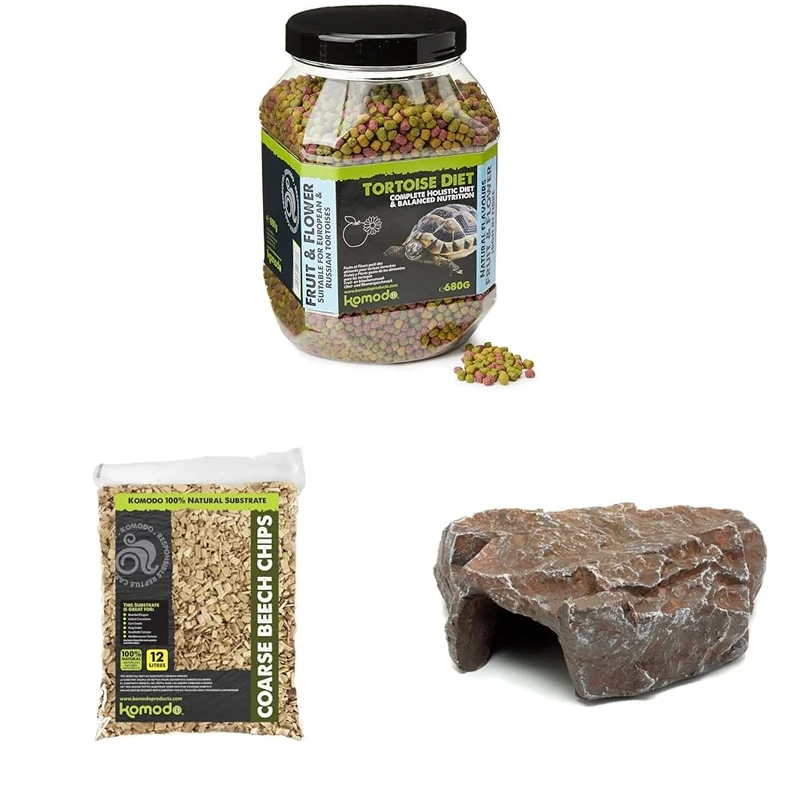 Komodo Tortoise Diet Fruit & Flower 680g + Coarse Beech Chips 12L + Brown Rock Den Large | Balanced Nutrition, Durable Bedding & Safe Hideout for Tortoises & Reptiles