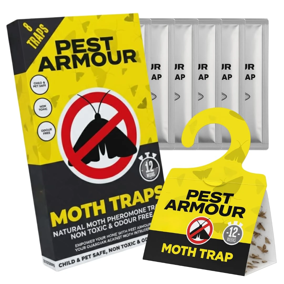 Pest Armour Premium Moth Traps - Ideal for Protecting Clothes, Carpets & Wardrobes - Sticky Moth Killer Natural Pheromone Traps - Non-Toxic Odour Free Child & Pet Safe Moth Catcher UK (Pack of 1)
