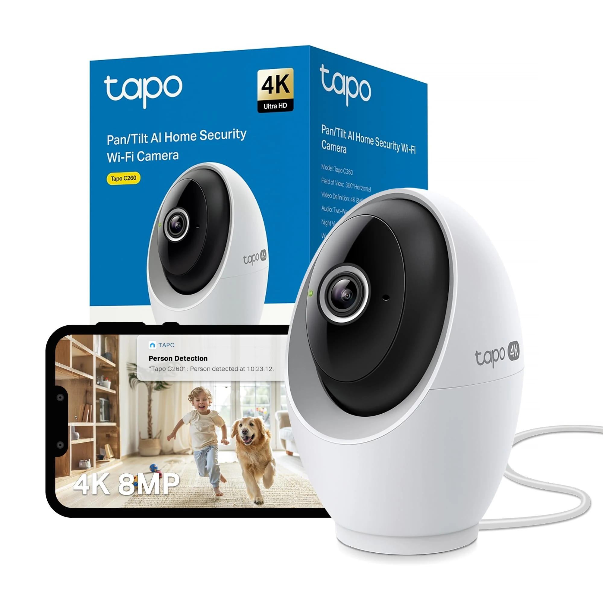 Tapo C260(Renewed) 4K 8MP WiFi Home Security Camera, 18x Digital Zoom, Face Recognition, Smart AI Detection, Indoor CCTV Camera, Night Vision, Wide Range Movement, Works with Alexa & Google
