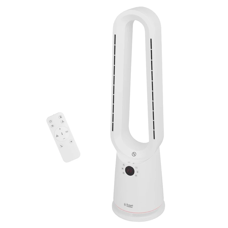 Russell Hobbs Bladeless Electric Heater & Cooling Fan 2000W with Remote Control in White, 10 Fan Speeds & 4 Modes, Hot & Cool with Touch Control and LED Display, 8-hour Timer, RHBHC2030W