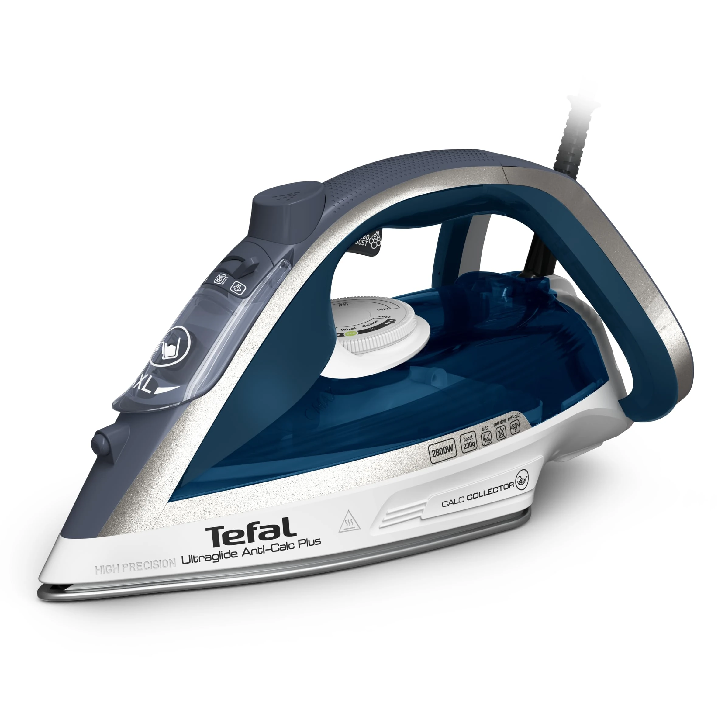 Tefal Ultraglide+, Powerful Steam Iron, 230 g/min Steam Boost, 50 g/min Continuous steam, 2800W, Non-Stick Durilium Soleplate, Auto Off, Anti-drip, Anti-Scale, Blue & Silver, FV5879G2