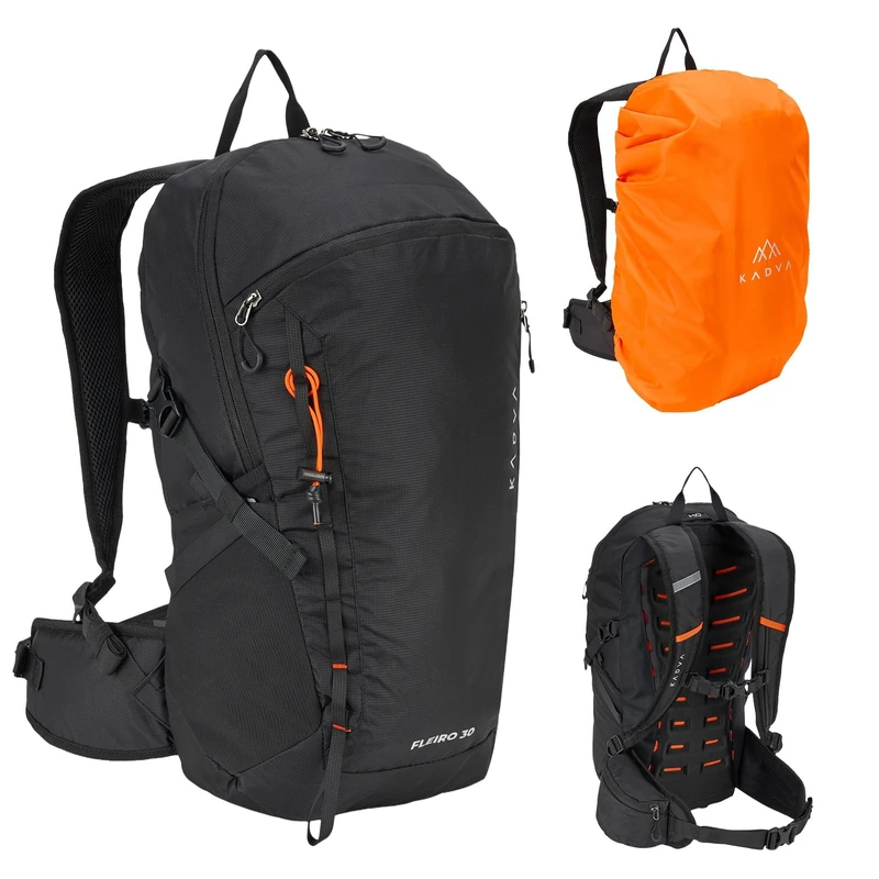 KADVA Fleiro 30L Backpack - Hiking Backpack with Pannier Rack, Rain Cover, Compression, Pockets, Waist Belt, Organiser, Trekking and Mountains. (Black)