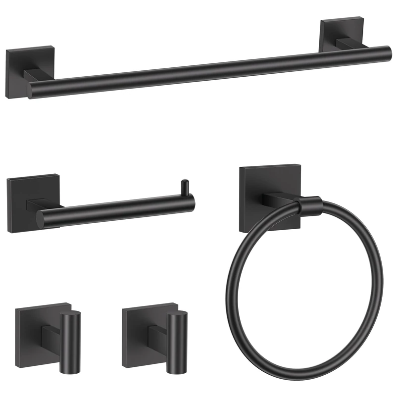 TURS 5-Pieces Matte Black Bathroom Hardware Set 23.6 Inch SUS304 Stainless Steel Towel Bar Set Wall Mounted Bathroom Accessories Set