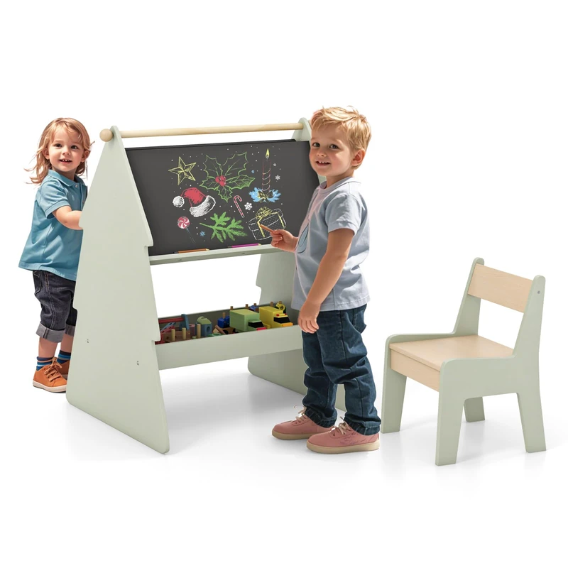 FANTASK 2-in-1 Double-Sided Standing Board, Children's Easel and Chair Set with Chalkboard & Whiteboard, Children's Board with Shelf & Paper Roll Holder for Children from 3 Years (Green)