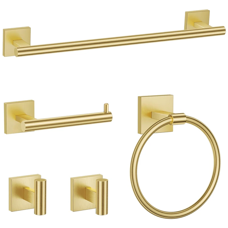 TURS 5-Pieces Brushed Gold Bathroom Hardware Set 23.6 Inch SUS304 Stainless Steel Towel Bar Set Wall Mounted Bathroom Accessories Set
