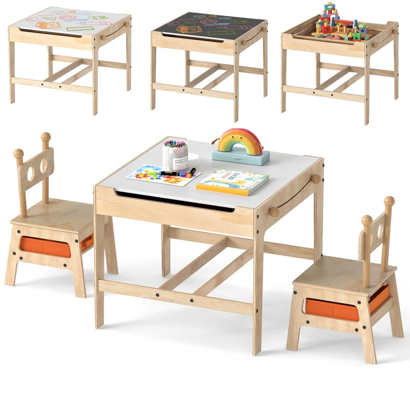 GYMAX Kids Table and Chairs Set, 4 in 1 Children Activity Desk with Reversible Tabletop, Hidden Storage Space and Drawers, Wooden Toddler Table Set for 3+ Years Old (Natural+White, 60 x 60 x 49 cm)