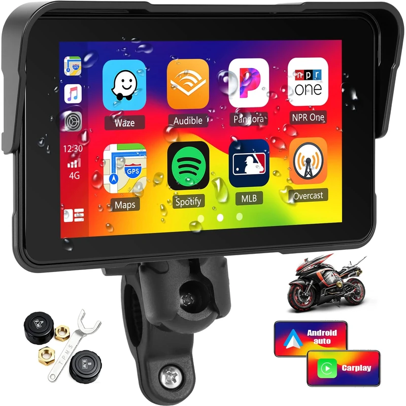 OiLiehu Motorcycle GPS Wireless Portable CarPlay and Android Auto, 5" Waterproof Motorcycle Display with Brightness Adjustment, Tire Pressure Detection, Removable Stand, Plug and Play