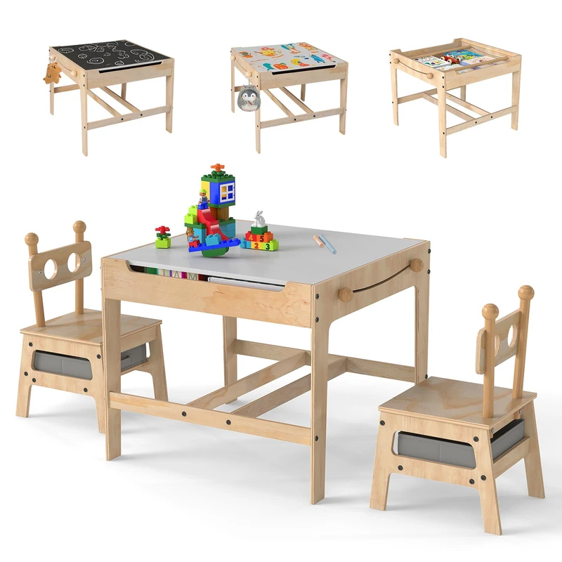 GYMAX Kids Table and Chairs Set, 4 in 1 Children Activity Desk with Reversible Tabletop, Hidden Storage Space and Drawers, Wooden Toddler Table Set for 3+ Years Old (Natural+Grey, 60 x 60 x 49 cm)