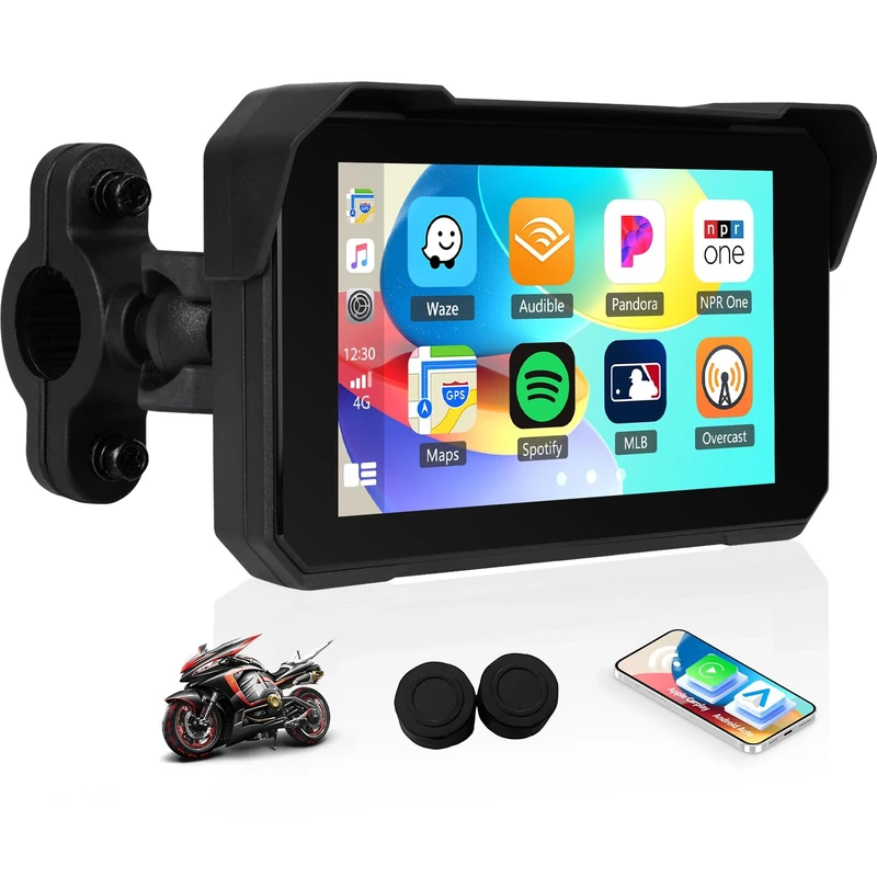 OiLiehu Motorcycle GPS Wireless Portable CarPlay and Android Auto, 5" Waterproof Motorcycle Display with Bluetooth, Brightness Adjustment, Tire Pressure Detection, Removable Stand, Plug and Play