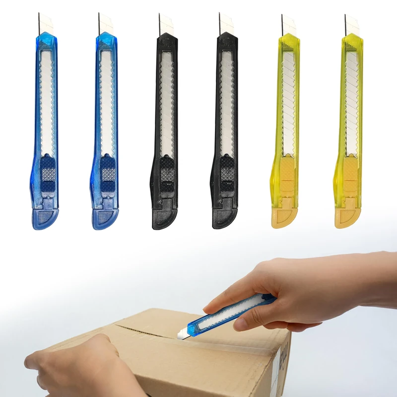 6-Pack Utility Knives with Retractable Snap-Off Blades – Stainless Steel Precision Box Cutters with Safety Lock, ABS Body – for Home, Office, Warehouse, Crafts – Black, Blue, Yellow