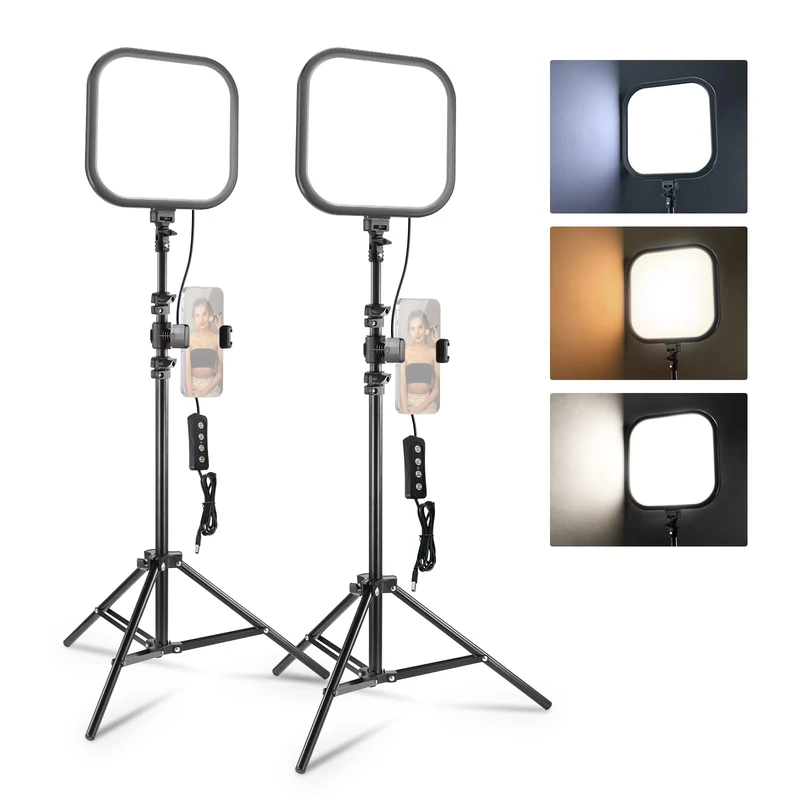 NEEWER 2 Pack 15W 10.8" LED Video Light Panel Lighting Kit with 63" Tripod Stands/Phone Holders, Edge Lit Bi Color Dimmable Studio Light 816lux CRI95+ for Photography Filming Recording Streaming, L220