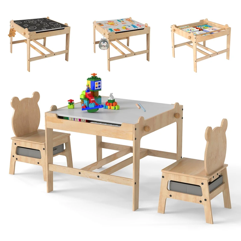 GYMAX Kids Table and Chairs Set, 4 in 1 Children Activity Desk with Reversible Tabletop, Hidden Storage Space and Drawers, Wooden Toddler Table Set for 3+ Years Old (Natural+Grey, 60 x 60 x 52 cm) - Image 1