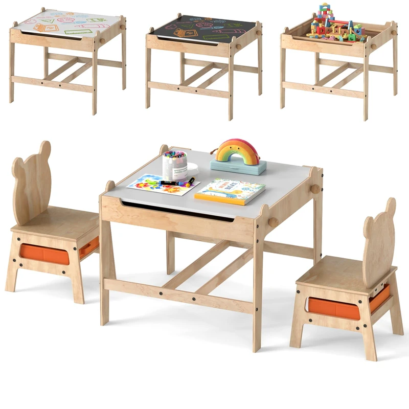 GYMAX Kids Table and Chairs Set, 4 in 1 Children Activity Desk with Reversible Tabletop, Hidden Storage Space and Drawers, Wooden Toddler Table Set for 3+ Years Old (Natural+White, 60 x 60 x 52 cm)