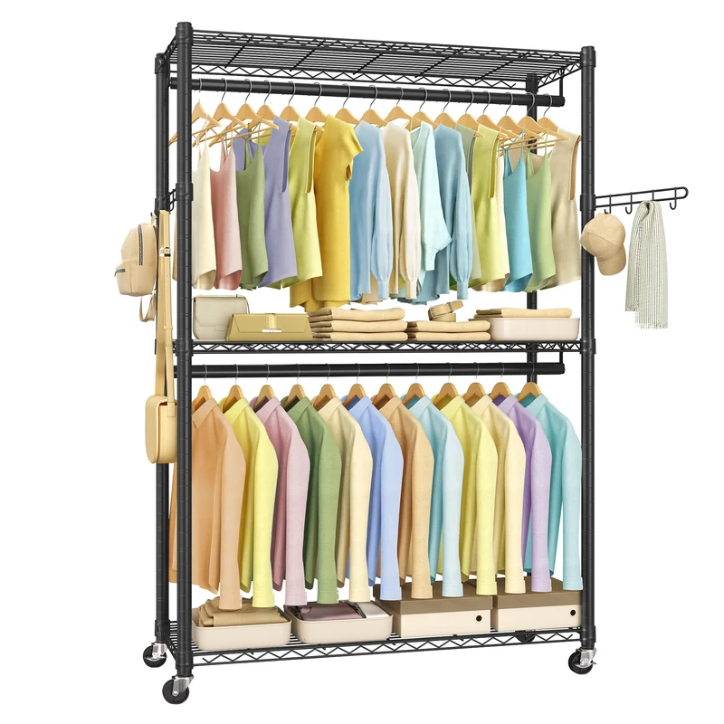 SONGMICS Rolling Portable Wardrobe, Heavy-Duty Metal Clothes Rack on Wheels, with Adjustable Shelves and Hanging Rails, Hooks, 40 x 110 x 199 cm, Ink Black LGR414B01 - Image 1