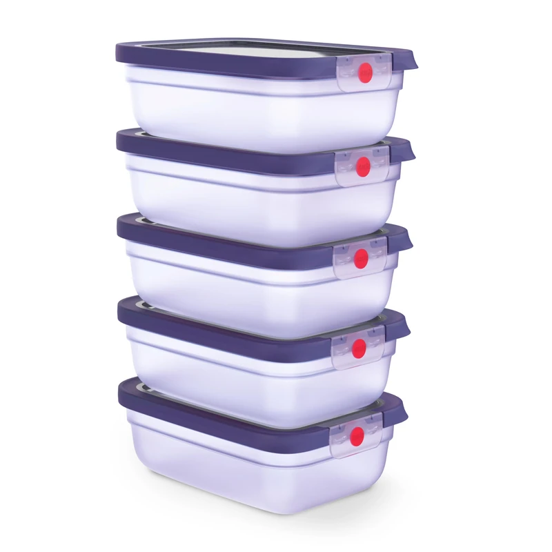 EMSA oneClick N1231300 Food Storage Containers, Meal Prep Set 5 x 1.2 L, Food Fresh 2 x Longer 100% Leak-Proof, Made in Germany, Freezer, Microwave and Dishwasher Safe, Space-Saving, Purple