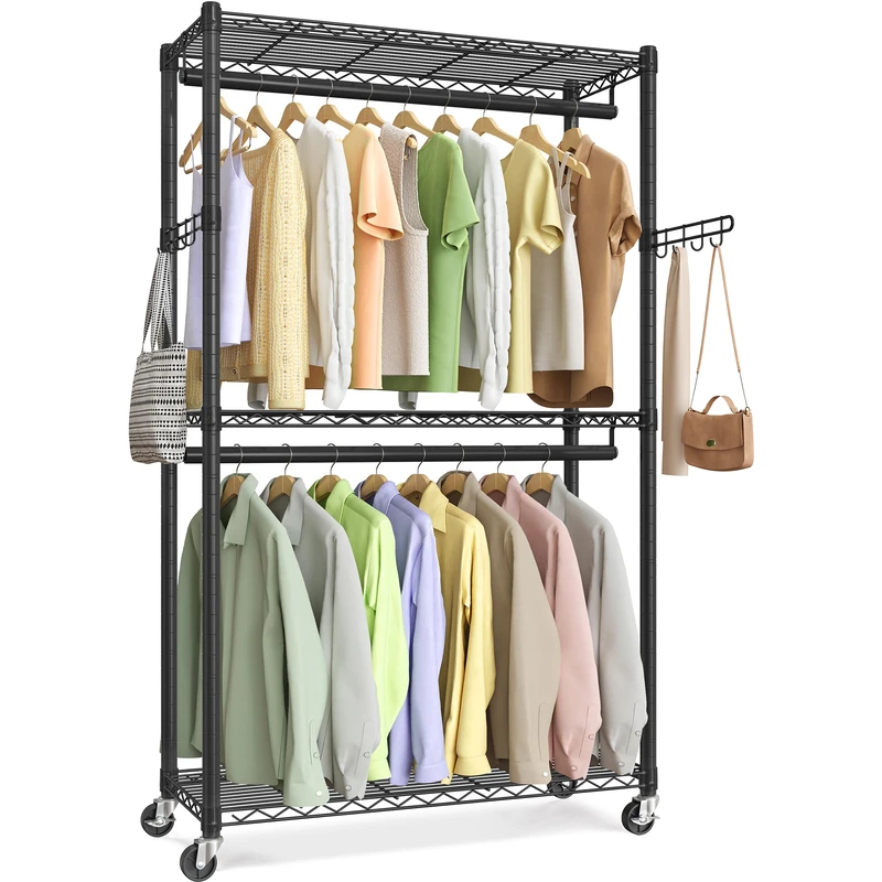SONGMICS Rolling Portable Wardrobe, Heavy-Duty Metal Clothes Rack on Wheels, with Adjustable Shelves and Hanging Rails, Hooks, 40 x 90 x 199 cm, Ink Black LGR413B01