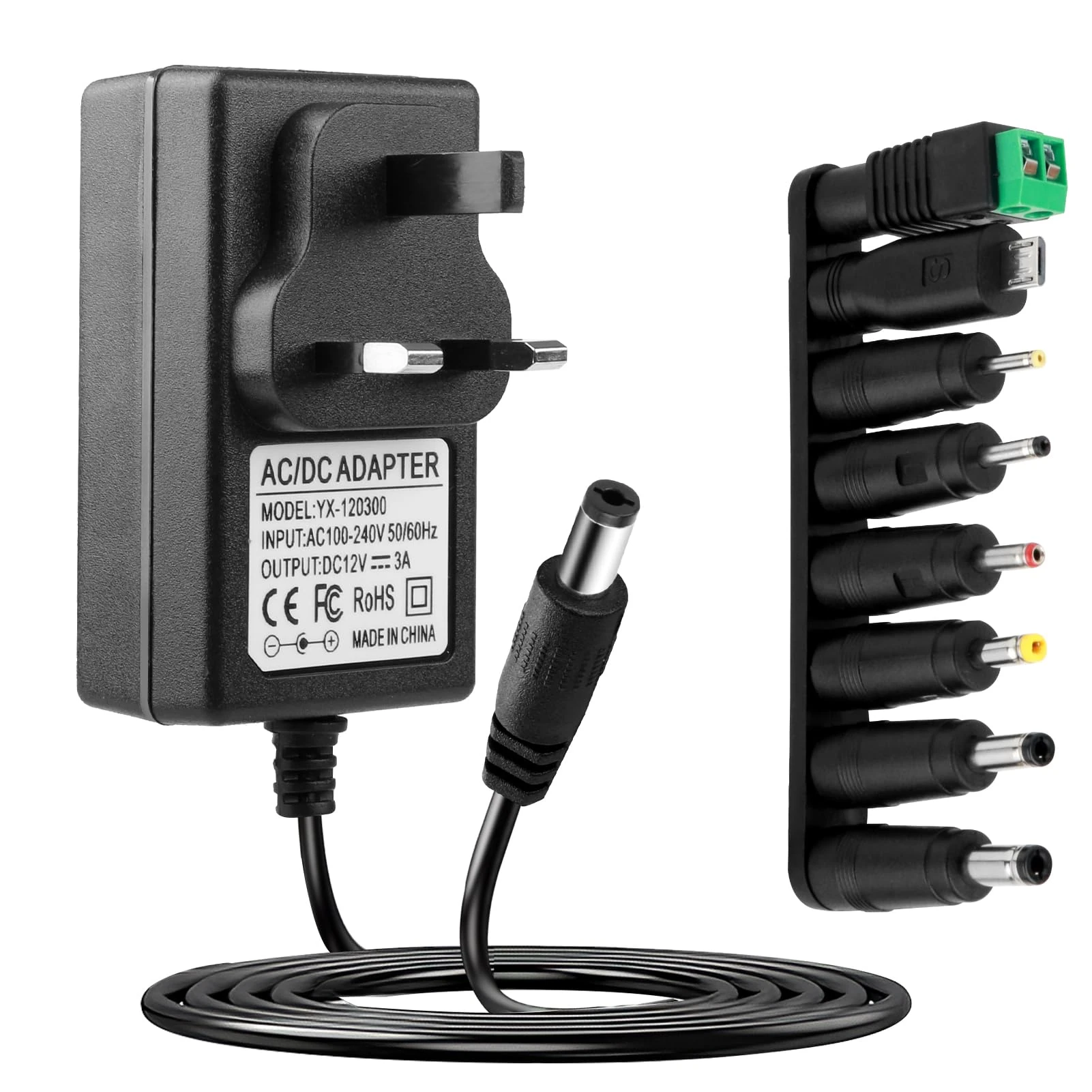 Universal 12V 3A Power Supply Cable AC Adapter with 8 DC Plug Connectors 100-240V 50-60Hz 36W Charger to DC 12Volt 3Amps Power Cord 12V 2.5A 2A 1.5A 1A 800mA 500mA for Household Electronics Camera