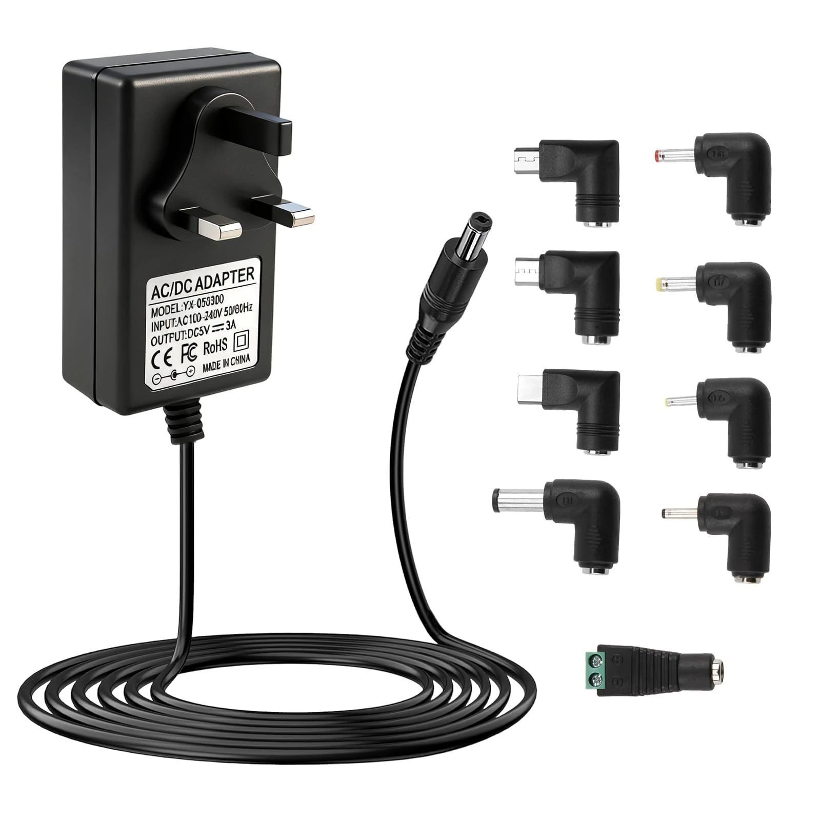 5V 3A DC Power Supply Adapter Charger Cord, 100-240V 50-60Hz AC to DC IN 5 Volt Fit for 5Vdc 3A 2.5A 2A 1.5A 1A 0.5A Baby Monitor Record Player TV Box, with 8 Tips