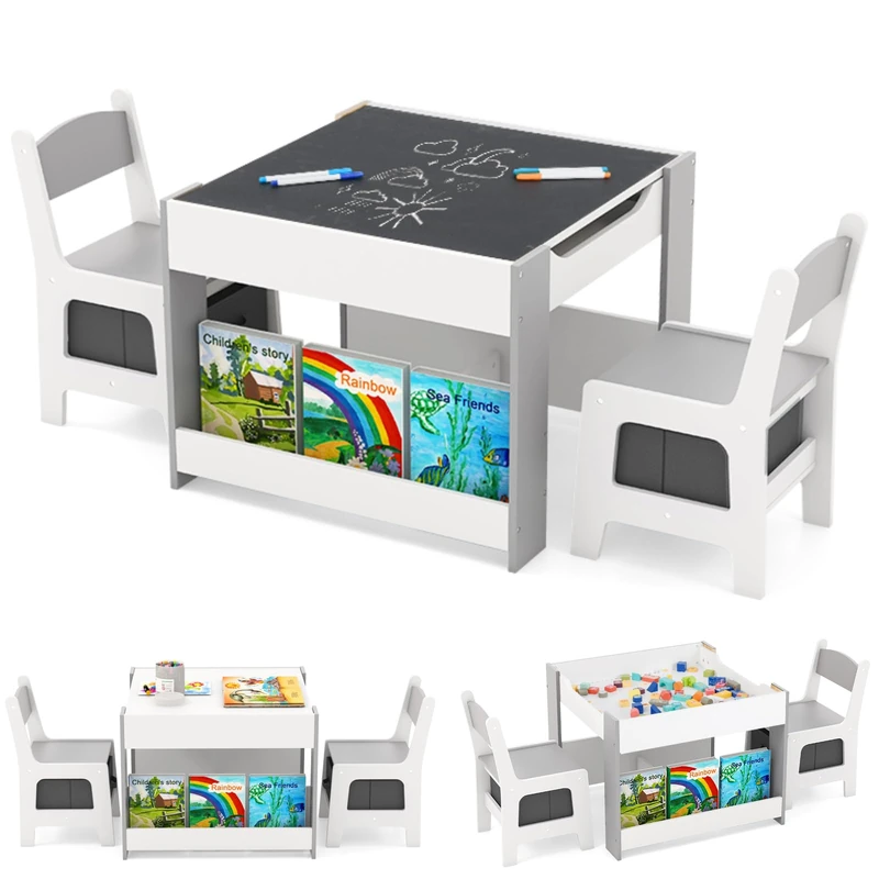 GYMAX Kids Table and Chairs Set, 4 in 1 Children Activity Desk with 2 Chairs, Reversible Tabletop, Bookshelves and Storage Bins, Wooden Toddler Table Set for Boys Girls (Grey, 61x61x48cm)