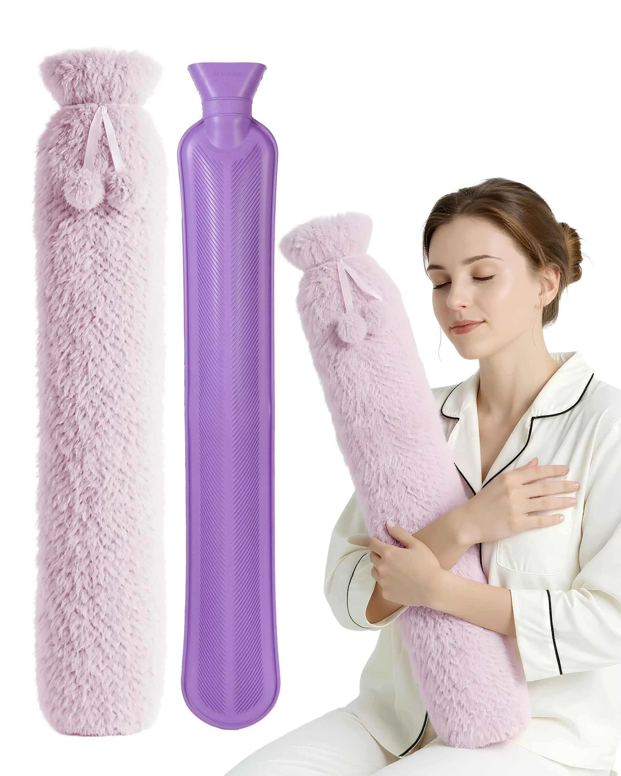 KEPLIN Extra Long 2L Hot Water Bottle with Super Soft Fleece Cover, Durable Natural Rubber, Long Lasting Warmth for Neck, Back & Body, Winter Comfort - Lilac