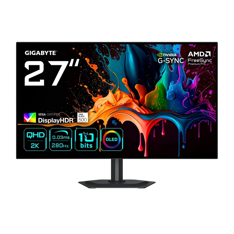 Gigabyte MO27Q28G 27" W-OLED QHD Gaming Monitor - 2560 x 1440, 280Hz, 0.03ms, 335 cd/m², Display HDR True Black 500, HDMI 2.1, DisplayPort 1.4