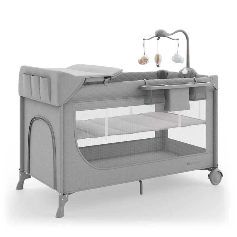 Kinderkraft LEODY UP 2-in-1 baby and travel cot, changing table, organiser, mobile with toys and sound, safe playpen, 2 base levels, lockable wheels, Grey - Image 1