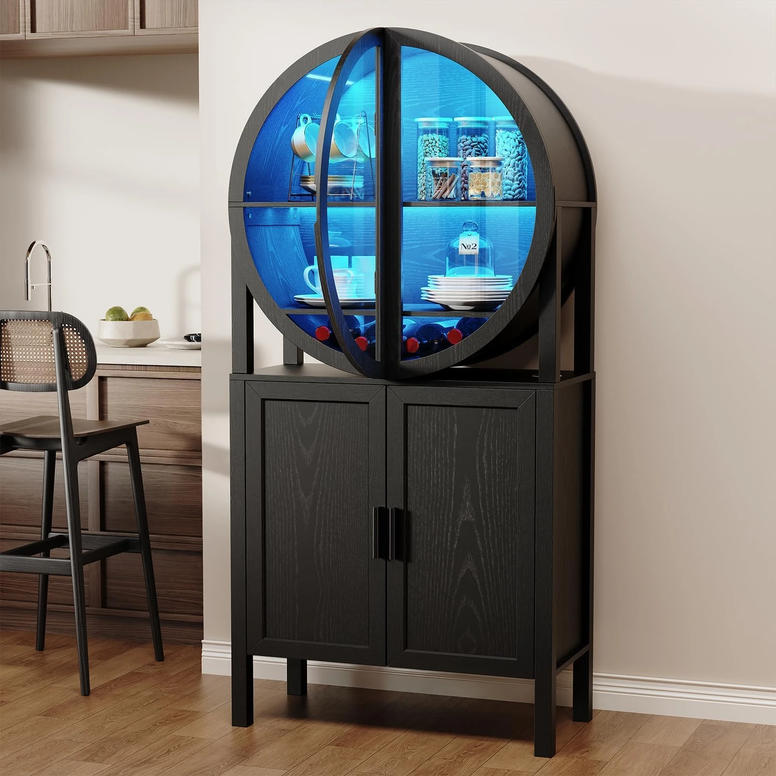 BROTTAR Rounded Wine Bar Cabinet with LED Lights, 65" Tall Drinks Coffee Cabinet with Glass Doors & Shelves, Modern Storage Cabinet with Human Body Sensor for Kitchen, Living Room, Black