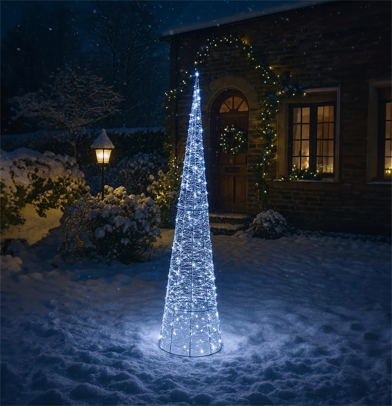 Xmas Haus 150CM Festive Christmas Cone-Shaped LED Light Tower 350L White Micro LEDs, Shiny Silver Metal with PVC Strip, 5M Cable & IP20 Transformer Outdoor Holiday Decoration