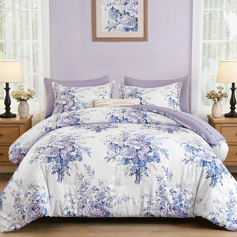 Anibedding 7Pieces Purple Floral Comforter Set Queen Size, Soft Microfiber Purple Bed in a Bag Comforter Set with Sheets for All Season