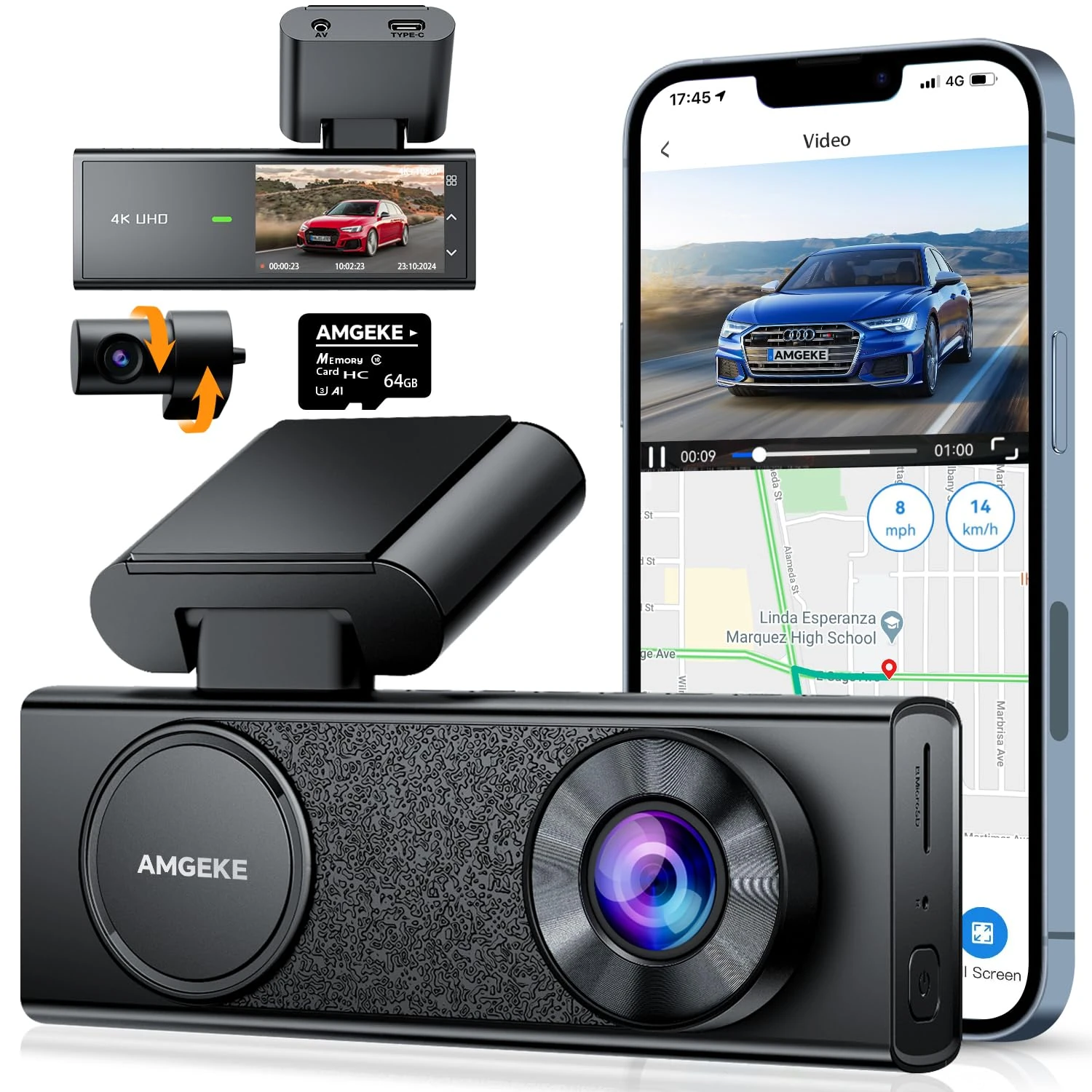 AMGEKE 4K Dash Cam Front and Rear, WiFi GPS Dashcam for Cars with 64GB SD Card,Dual Car Camera with STARVIS Sensor,UHD 2160P Night Vision,2.45" IPS,Parking Monitor,Emergency Lock,APP Control,Max 256GB