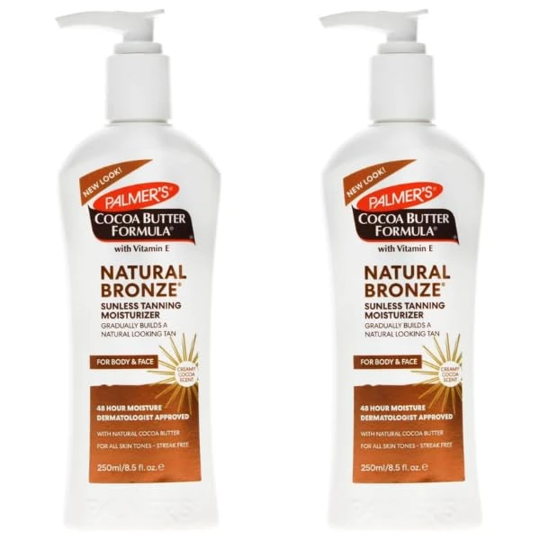 Cocoa Butter Natural Bronze Body Lotion Vitamin E - Gradual Tanning 24-Hour Moisturizer Maintains Tan Deep Hydration Skincare for All Skin Tones Dry Stretch Marks 250-ml Pack of 2