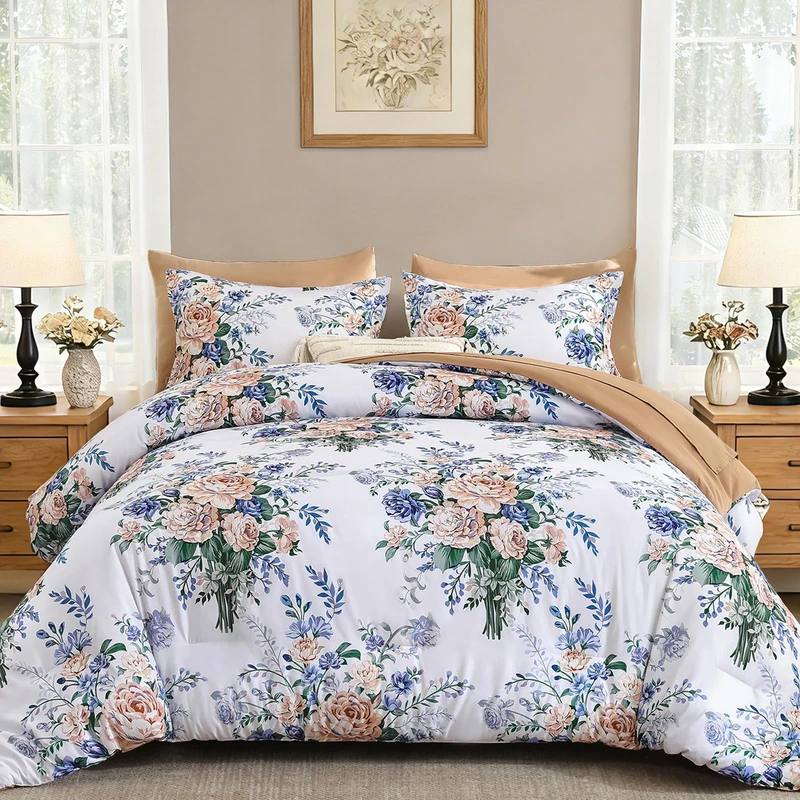 Anibedding 7Pieces Floral Comforter Set Queen Size, Soft Microfiber Blue Orange Bed in a Bag Comforter Set with Sheets for All Season