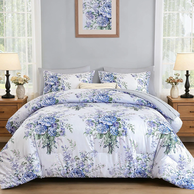 Anibedding 7Pieces Blue Floral Comforter Set Queen Size, Soft Microfiber Blue Bed in a Bag Comforter Set with Sheets for All Season